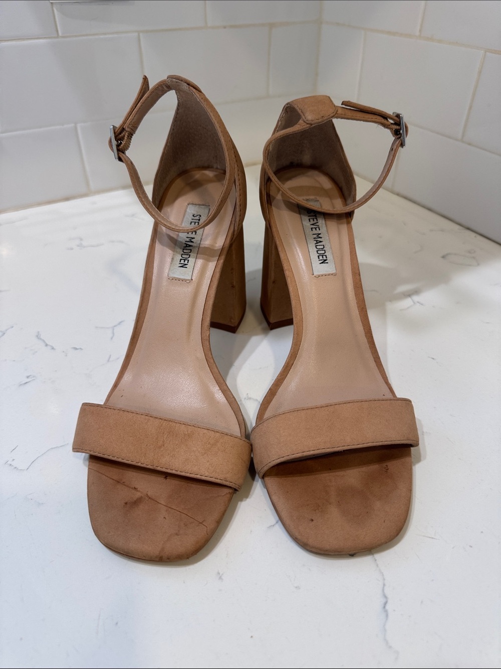 Steve Madden Nude/Tan Block Heel Ankle-Strap Sandals